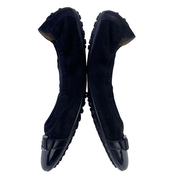 Tods Women Black Suede Ballet Flats Patent Leather Cap Toe Buckle Detail Sz 36.5 - Picture 5 of 13